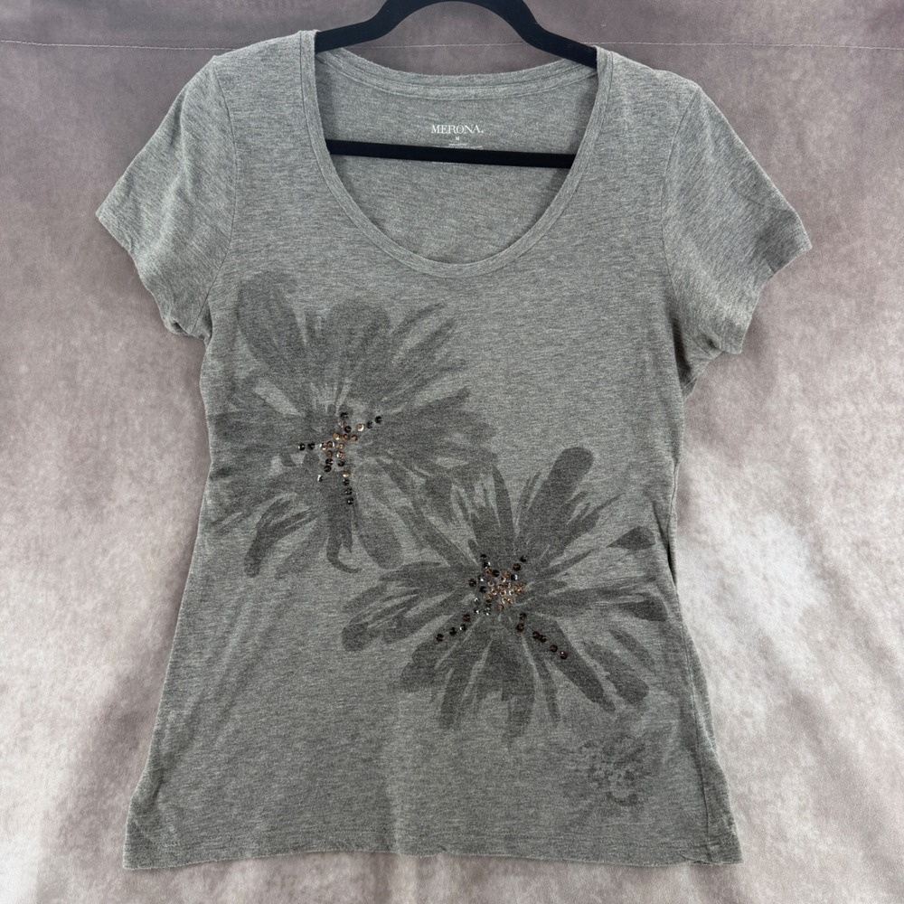 Merona Womens Heather Gray Floral Graphic Sequin Accent Cotton Tee Shirt Size M